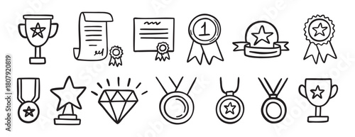 medal honor award related doodle hand drawn icon set. Outline drawing winner line clipart symbol collection
