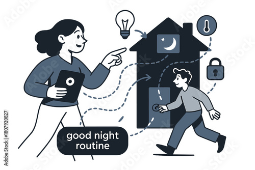 Smart Home Harmony. AI Assistants ? Smart Home Steward. The assistant orchestrates lights, thermostat, and locks; dotted signals flow house-wide. Tag ?good