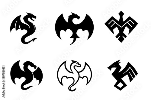 Winged Creatures Logos. Winged creatures. Icon set. Set Logo of Winged creatures: Angel wings. harmonious logo variations of the same emblematic concept, each