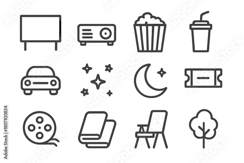 Outdoor Movie Icon Set. Movie Night Outdoors. Line icon set of Movie Night Outdoors: screen, projector, popcorn, soda, car, stars, moon, ticket, film reel,