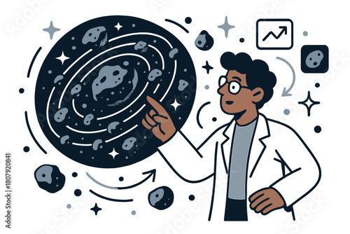 Asteroid Analysis. Asteroid belt studies. Researcher pointing at asteroid belt hologram with abstract floating orbit lines, stars, and asteroids; conveys space