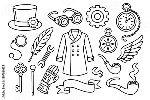 Steampunk Essentials Icons. Steampunk accessories. Hand-drawn doodle illustration Steampunk accessories top hat, goggles, gear, clock, feather, monocle,