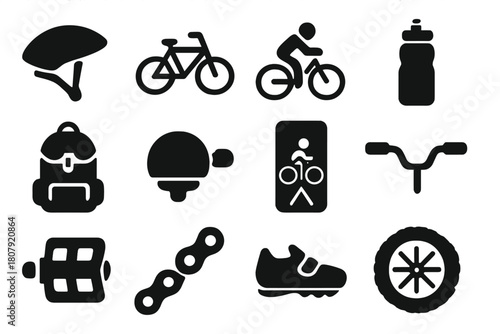 Cycling Gear Icons. Cycling Gear. Solid icon set of Cycling Gear: helmet, bicycle, rider, water bottle, backpack, bell, bike lane, handlebars, pedal, chain,