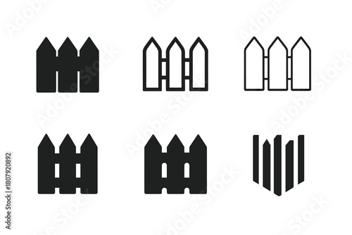 Palisade Logo Set. Palisade. Icon set. Set Logo of Palisade: Wooden stakes. harmonious logo variations of the same emblematic concept (Negative space, Stylized