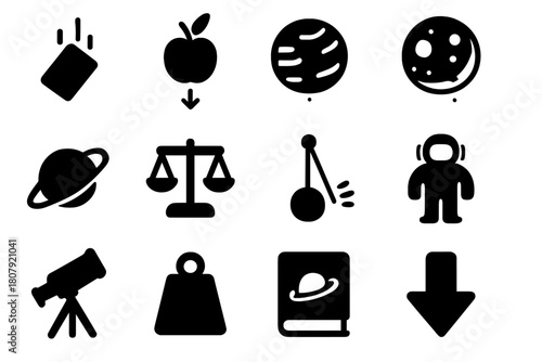 Gravity Icon Set. The concept of gravity. Icon set. Set Logo of gravity: mass attracting smaller bodies. harmonious logo variations of the same emblematic
