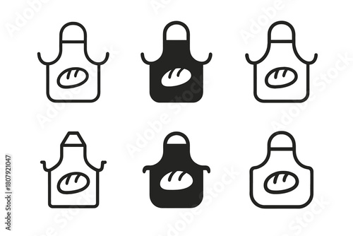Baker's Apron Icons. Baker?s apron. Icon set. Set Logo of baker?s apron: apron with whisk and rolling pin crossed in pocket. harmonious logo variations of the