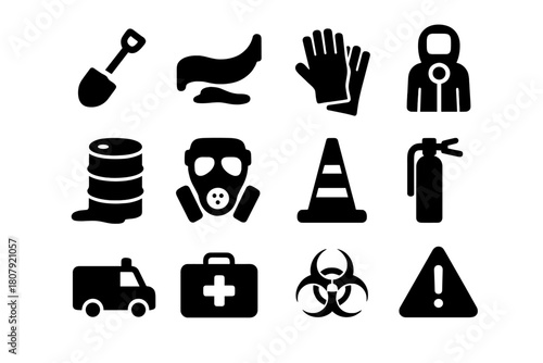 Spill Cleanup Icons. Spill Cleanup. Solid icon set of Spill Cleanup: shovel, containment barrier, safety gloves, hazmat suit, chemical barrel, gas mask, safety