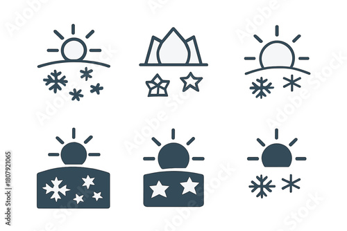 Winter Sun Icons. Ice crystals on a frozen pond. Icon set. Set Logo of Winter Sun: Low sunlight glinting on ice. Stylized detail, Abstract geometric, Minimal