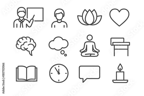 Mindful Classroom Icons. Mindfulness in class. Line icon set of mindfulness in class: teacher, student, lotus flower, heart, brain, thought bubble, meditation