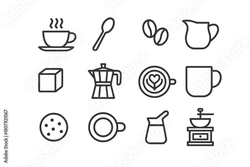 Coffee Icon Collection. Coffee design concepts. Line icon set of coffee design concepts: coffee bean, cup, steam, leaf, grinder, sack, aroma swirl, label tag,