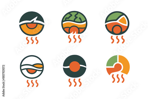Earth Layer Logos. Earth layers. Icon set. Set Logo of earth layers: geologic strata cross-section with texture bands. harmonious logo variations of the same