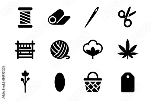 Textile Icons Grid. Textile materials. Solid icon set of textile materials: thread spool, fabric roll, needle, scissors, loom, yarn ball, cotton plant, hemp