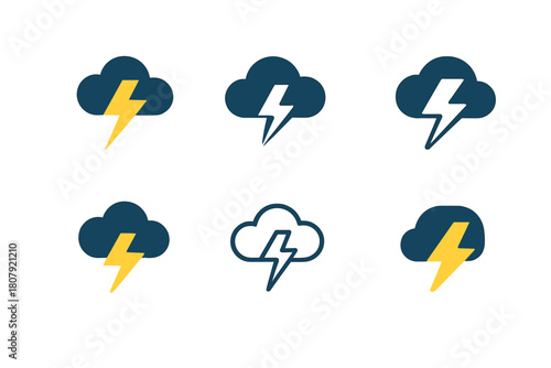 Lightning Bolt Icons. Lightning strike. Icon set. Set Logo of lightning strike: stormy sky with bolt. harmonious logo variations of the same emblematic