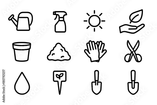 Plant Care Icons. Plant Care. Solid icon set of Plant Care: potted plant, greenhouse, seedling, watering can, garden trowel, plant tray, sun, thermometer, soil