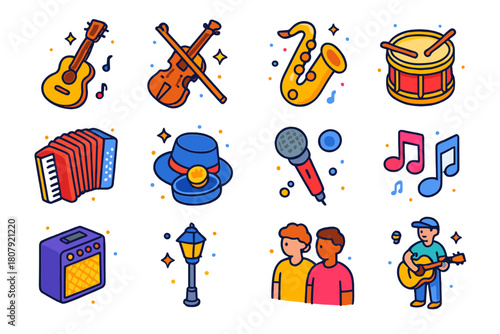 Colorful Street Music Icons. Outdoor musician. Colorful isometric vector icons set of outdoor musician: guitar, violin, saxophone, drum, accordion, hat for