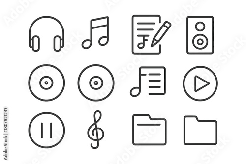 Music Tool Icons. Music playlist tools. Line icon set of Music playlist tools: headphones, music note, sheet of paper, pencil, speaker, record, CD, playlist