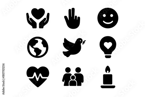 Compassion Icon Set. Compassion. Solid icon set of compassion: heart hands, helping hand, smile, globe, dove, lightbulb, heart pulse, family, chat bubble,