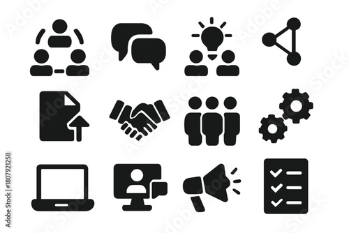 Collaboration Icons Grid. Collaboration. Line icon set of Collaboration: people connecting lines, shared folder, chat bubble, brainstorming, video call,