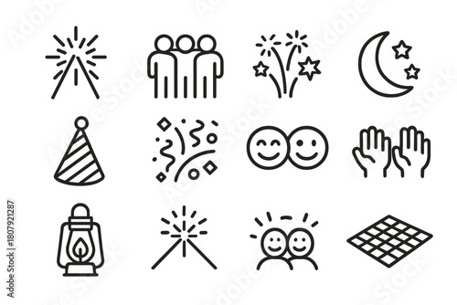 Night Celebration Icons. Night celebration. Line icon set of Night celebration: sparklers, group of people, fireworks, night sky, crescent moon, stars, party