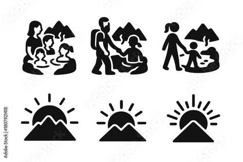 Mountain Hot Spring Icons. A family exploring a natural hot spring in a remote mountain area. Icon set. Set Logo of Sunrise: Sun rising over mountains.