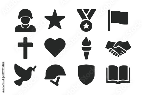 Courage and Sacrifice Icons. Courage and sacrifice. Solid icon set of courage and sacrifice: soldier, star, medal, flag, cross, heart, torch, handshake, dove,