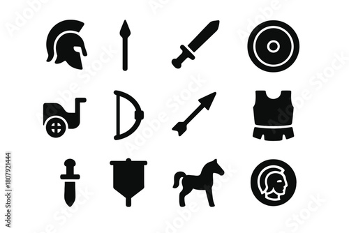 Ancient Warriors Icons. Ancient warriors. Solid icon set of ancient warriors: helmet, spear, sword, round shield, chariot, bow, arrow, armor, dagger, banner,
