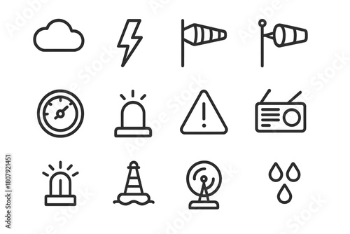 Storm Icon Collection. Storm signals. Line icon set of storm signals: storm cloud, lightning bolt, wind sock, anemometer, barometer, warning siren, alert