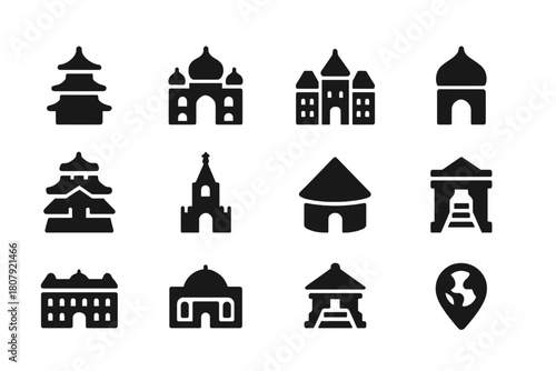 Cultural Palaces Icons. Cultural palaces. Solid icon set of Cultural palaces: Asian pagoda, Indian palace, European chateau, Arabic dome, Japanese castle,