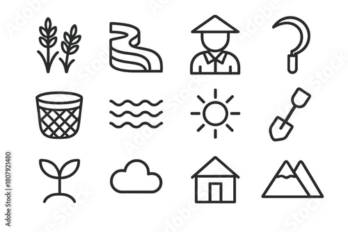 Rice Farming Icons. Rice farming. Line icon set of rice farming: rice plant, terrace, farmer, sickle, basket, water, sun, shovel, sprout, cloud, house,