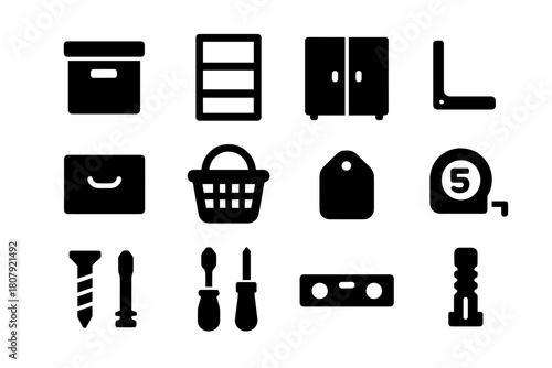 Flexible Storage Icons. Flexible storage. Solid icon set of flexible storage: storage box, shelf, cabinet, bracket, drawer, basket, label, measuring tape,