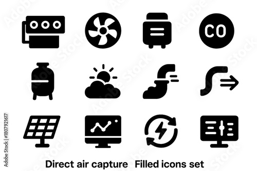 Direct Air Capture Icons. Direct air capture. Solid icon set of Direct air capture: air filter unit, turbine fan, capture box, CO2 molecule, storage tank,