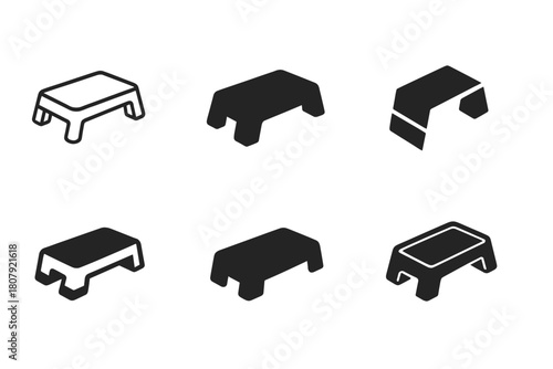 Step Aerobics Icons. Step aerobics. Icon set. Set Logo of Step aerobics: Fitness timer. harmonious logo variations of the same emblematic concept (Negative