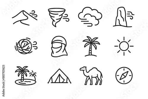 Desert Wind Icons. Desert winds. Line icon set of desert winds: sand dune, dust devil, sandstorm cloud, wind-carved rock, tumbleweed, scarf, palm tree, sun,