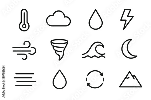 Atmospheric Icons Set. Atmospheric change. Line icon set of atmospheric change: thermometer, cloud, raindrop, lightning, wind, tornado, wave, moon, fog,