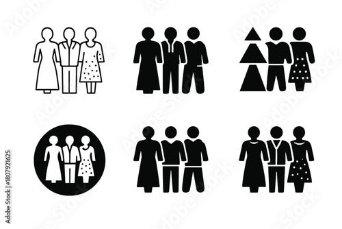 Fashion Diversity Icons. Diversity in fashion. Icon set. Set Logo of diversity in fashion: mannequin figures of various shapes and patterns. harmonious logo