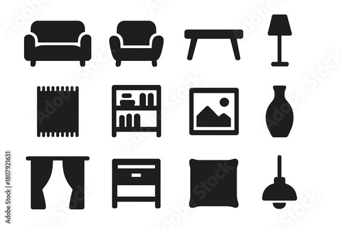 Modern Monochrome Icons. Modern Monochrome. Solid icon set of Modern Monochrome: sofa, armchair, coffee table, floor lamp, rug, bookshelf, wall art, vase,