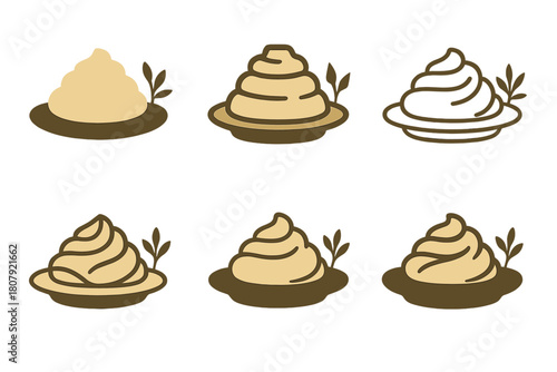 Mashed Potato Logos. Mashed potato mound. Icon set. Set Logo of mashed potato mound: serving spoon scooping mashed potatoes. harmonious logo variations of the