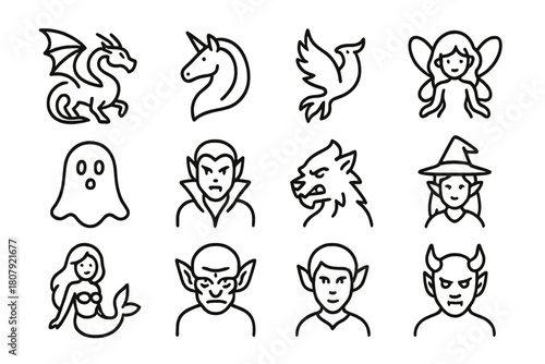 Mystical Creatures Icons. Mystical creatures. Line icon set of mystical creatures: dragon, unicorn, phoenix, fairy, ghost, vampire, werewolf, witch, mermaid,