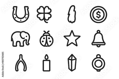 Lucky Charm Icons. Lucky charms. Line icon set of lucky charms: horseshoe, four-leaf clover, rabbit's foot, coin, elephant, ladybug, star, bell, wishbone,