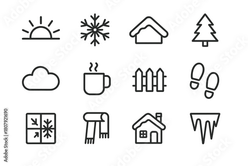 Winter Morning Icons. Winter Morning. Line icon set of Winter Morning: sunrise, snowflake, roof, pine tree, cloud, mug, fence, footprints, frozen window,
