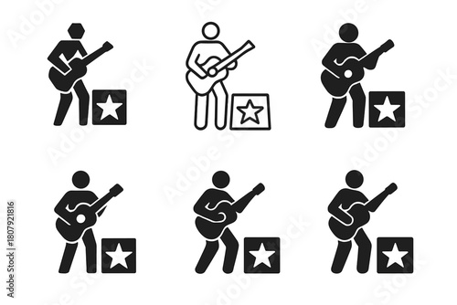 Hollywood Boulevard Icons. Hollywood Boulevard. Icon set. Set Logo of Hollywood Boulevard: street performer silhouette with guitar next to star tile.