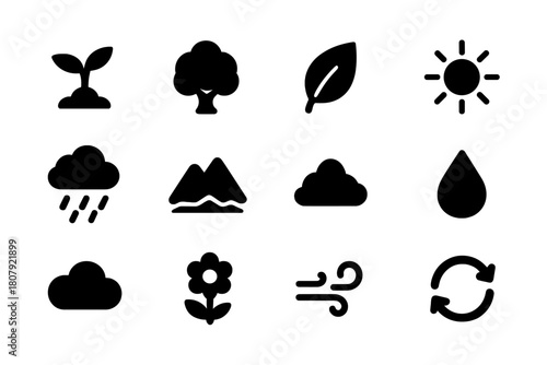 Nature Growth Icons. Nature growth. Solid icon set of Nature growth: dandelion, seed puff, seeds, leaf, stem, wind, sun, bee, butterfly, dew drop, cloud,