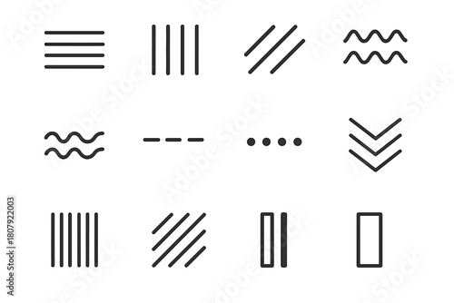 Stripe Icon Set. Stripe. Line icon set of stripe: horizontal stripe, vertical stripe, diagonal stripe, zigzag stripe, wavy stripe, dashed stripe, dotted