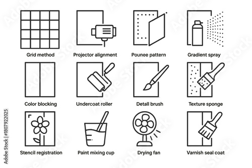 Large Wall Icon Techniques. Large Wall Techniques. Line icon set of Large Wall Techniques: grid method, projector alignment, pounce pattern, gradient spray,