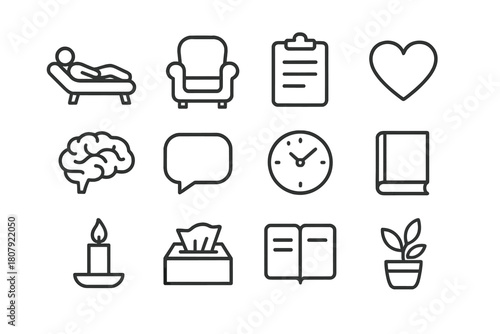 Therapy Icon Set. Therapy sessions. Line icon set of therapy sessions: person on couch, therapist chair, clipboard, heart, brain, speech bubble, clock, book,