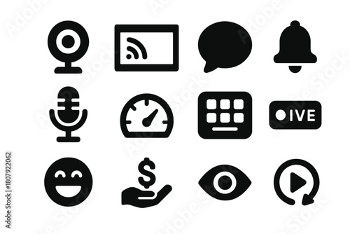 Live Streaming Icons. Live Streaming. Solid icon set of Live Streaming: webcam, stream overlay, chat bubble, subscriber bell, microphone, bitrate meter, stream