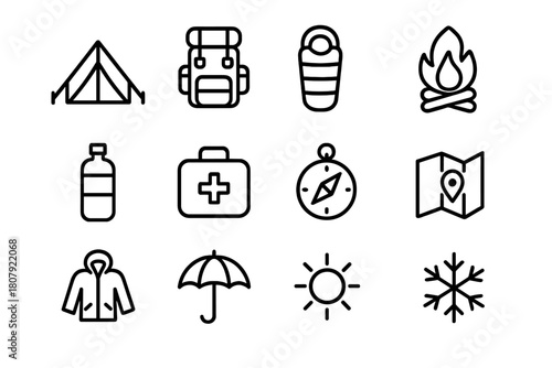 Weather Survival Icons. Weather survival gear. Line icon set of Weather survival gear: tent, backpack, sleeping bag, fire, water bottle, first aid kit,