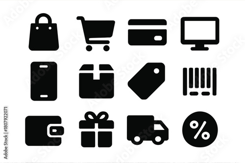Online Store Icons. Online store presentation. Solid icon set of online store presentation: monitor, product photo, shopping bag, tag, camera, lens, flash,
