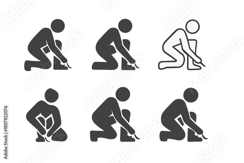 Jogging Logo Variations. Tying shoelaces before jogging. Icon set. Set Logo of Tying shoelaces before jogging: Jogger in motion. harmonious logo variations of