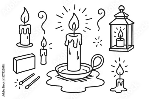 Candlelight Black Outline Doodle. Candlelight. Hand-drawn doodle illustration candlelight candle, wax drips, wick, flame, holder, lantern, matches, smoke curl,